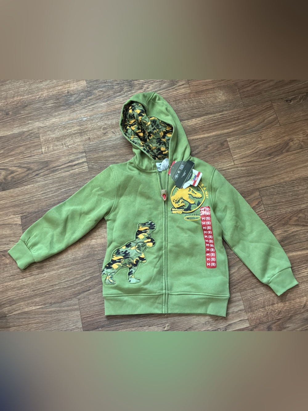 Kids Green Dino Hoodie with Camo Lining